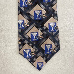 Vintage Martini Cigar Tie 1990s Art Deco Argyle Gentlemans Club Bar Silk Necktie